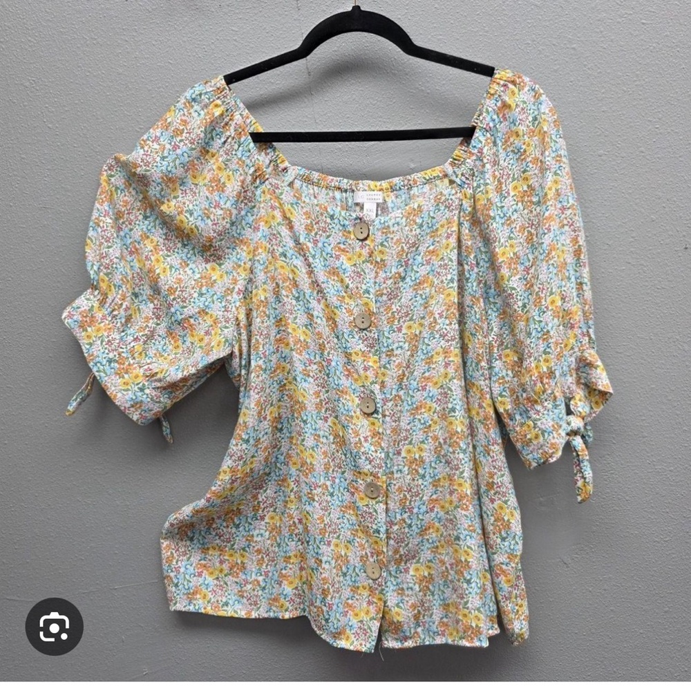 Lauren Conrad Size 3 X Floral Button-Front Puff Sleeve Top - Yellow/Blue - Picture 2 of 5